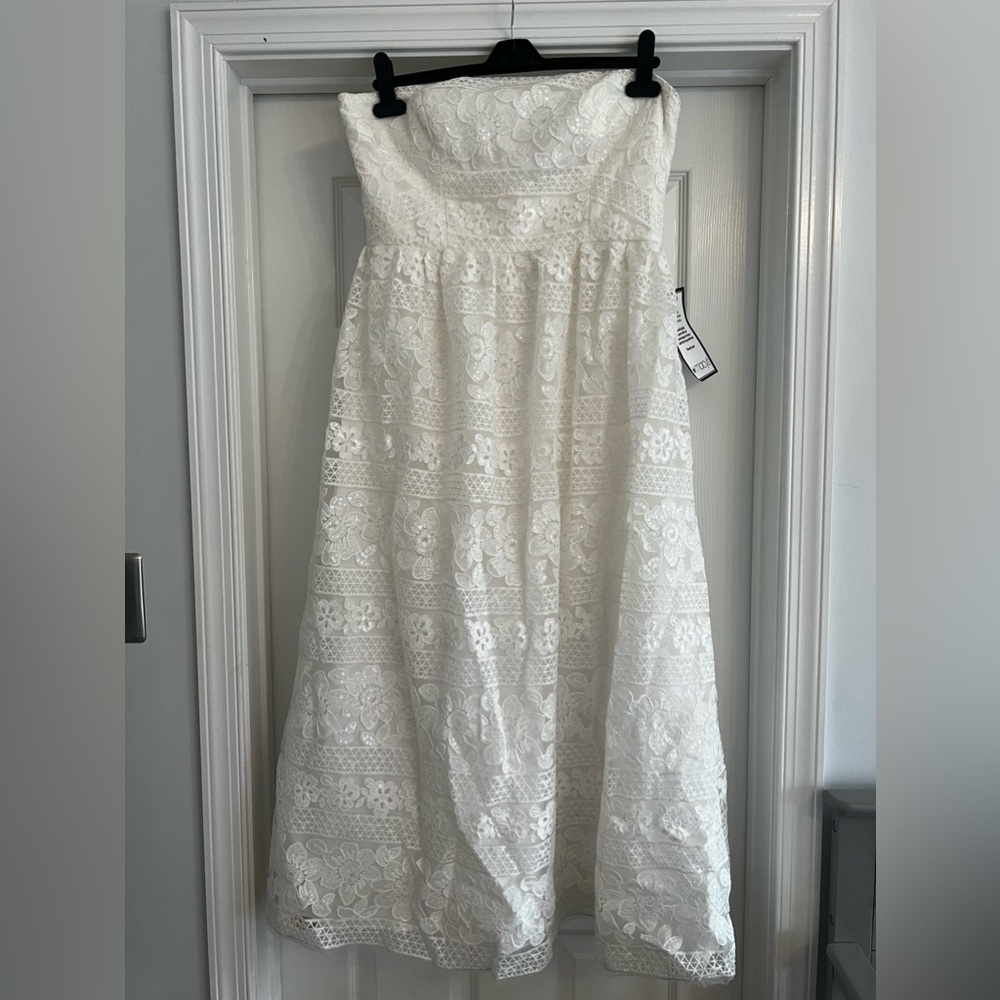 adrianna papell midi strapless dress
